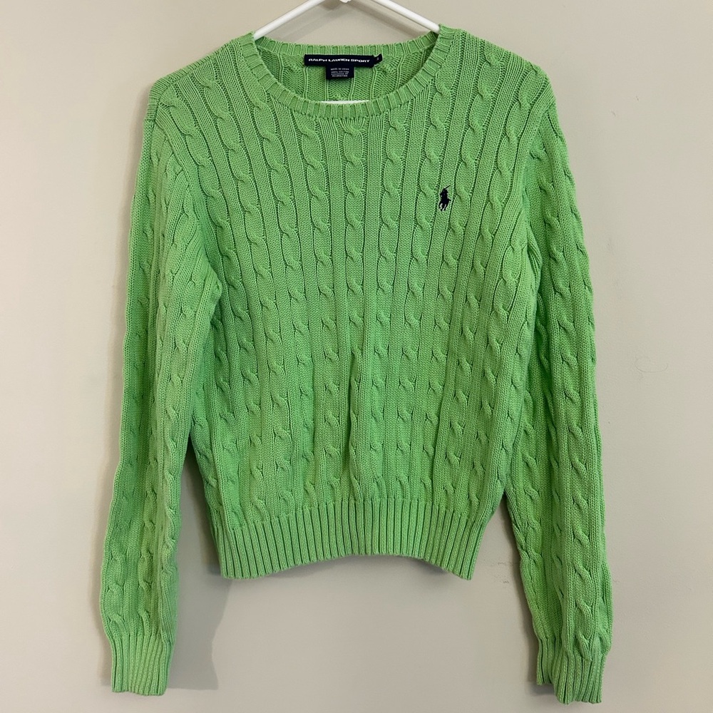 Polo Ralph Lauren Sport Sweater Women XL Lime Green Fisherman Cable Knit Cotton